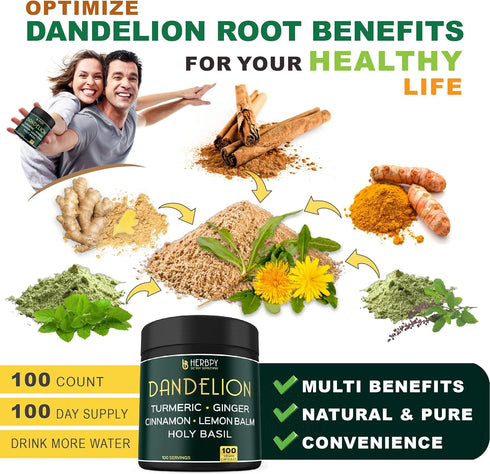 Dandelion Root Supplement 7500mg, 100 Capsules - 6in1 for Digestion, Heart Health & Immune Support with Ginger &