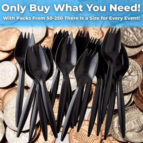 BPA-Free Black Disposable Sporks 100 Pk. Eco-Friendly, Recyclable 2-in-1 Utensils for Large Meals, School Lunch,