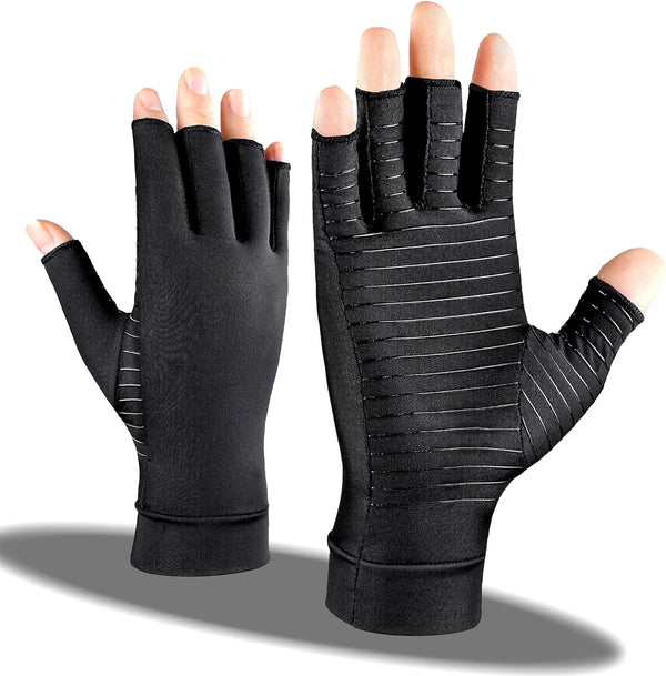 Arthritis Pain Relief Gloves - Copper Compression Fingerless Gloves for Carpal Tunnel, Rheumatoid, Tendonitis (1 Pair,