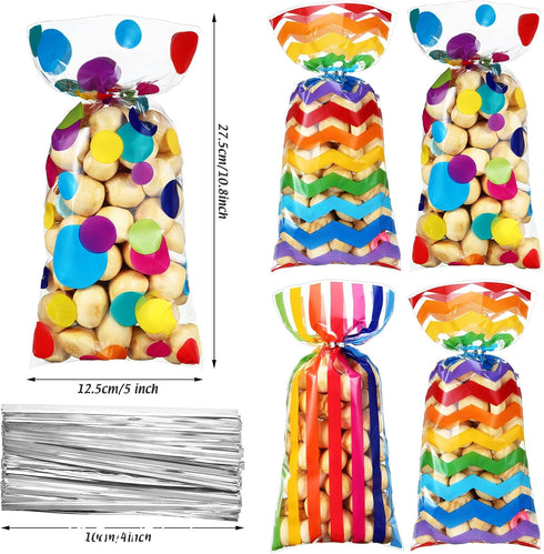 105 Pcs Rainbow Cellophane Treat Bags, Bulk Plastic Polka Dot Stripes Goodie Candy Favor Bags for Parties
