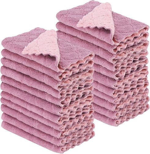 22 Pack Kitchen Dish Cloths - Reusable Nonstick Oil Washable Fast Drying Coral Velvet Cleaning Cloths (Pink-Purple)