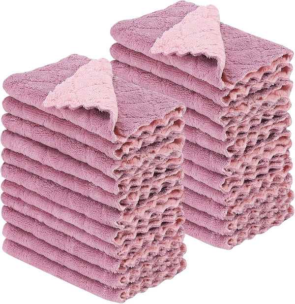 22 Pack Kitchen Dish Cloths - Reusable Nonstick Oil Washable Fast Drying Coral Velvet Cleaning Cloths (Pink-Purple)