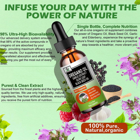 Vita letuo Immune,Digestive Organic Oil of Oregano with Black Seed Oil, Oregano Oil Liquid Drops w/Garlic Olive Leaf