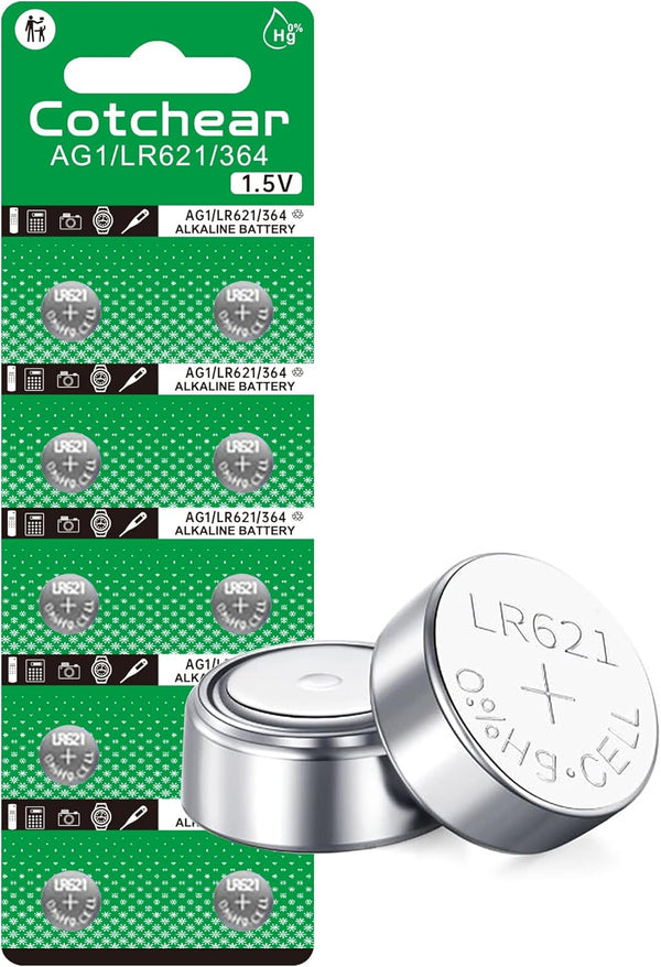 Cotchear 10pcs AG1 Battery - LR621 364 Watch Battery 1.55V, Alkaline Button Cell Batteries for Watch Toys Remote