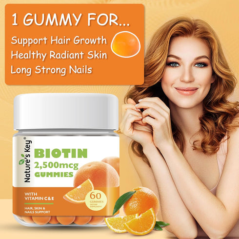 Nature's Key Biotin Gummies with Vitamin C and E, Support Hair, Nails, and Skin, Vegan, 60 Count