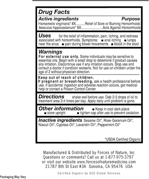 Forces of Nature Hemorrhoid Control Extra Strength, Organic Medicine with Witch Hazel, 5ml