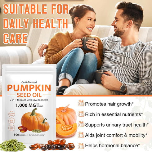 Mcukv 1000mg 300Pcs Pumpkin Seed Oil with Saw Palmetto, per Serving, Cold Pressed Pumpkin Seed Oil Capsules for Hair