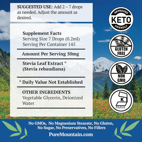 Pure Mountain Botanicals Liquid Stevia Drops, Natural Sugar Free Sweetener, Ideal for Keto and Vegan Diet