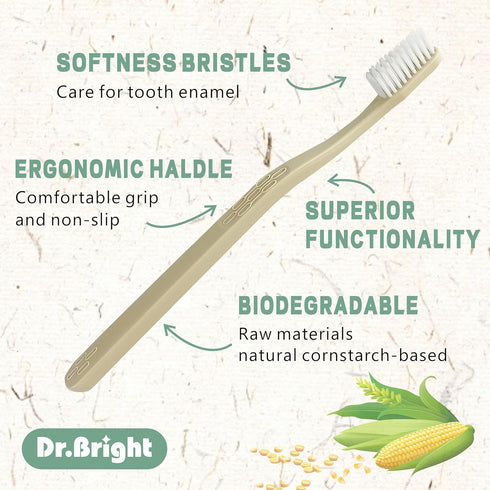 Packaging, 4 Pack DR.BRIGHT Eco-Friendly Toothbrushes, Natural Biodegradable Toothbrushes, Soft Toothbrush for Adults