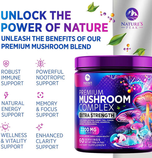 Mushroom Supplement Powder - 11 in 1 Complex Nootropic & Adaptogens Blend, Organic Mushrooms, 60 Servings