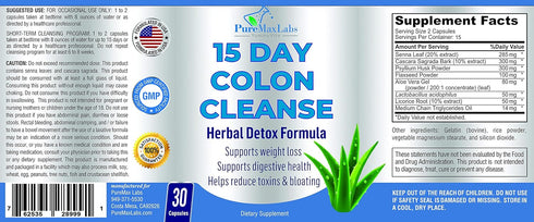 15 Day Colon Cleanse and Detox, Herbal Detox Formula for Weight Loss, Constipation Relief - Natural Safe Colon Cleanser
