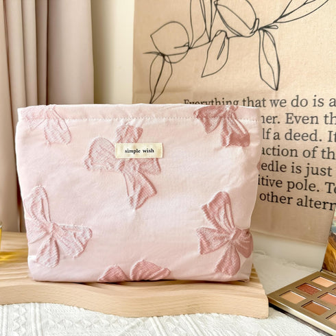 Makeup Bag Cosmetic Bag, Preppy Canvas Toiletry Organizer for Women, Cute Zipper Pouch (Medium Pink Bow)