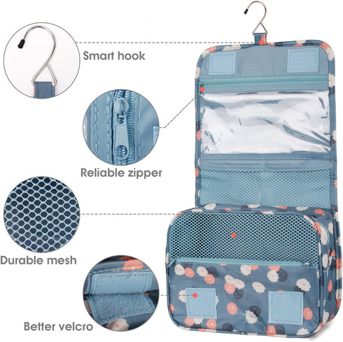 Narwey Hanging Toiletry Bag for Women, Travel Makeup Organizer for Toiletries, Blue Flower