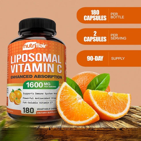 NutriFlair Liposomal Vitamin C, 1600mg, 180 Capsules, High Absorption, Immune System Support & Collagen Booster