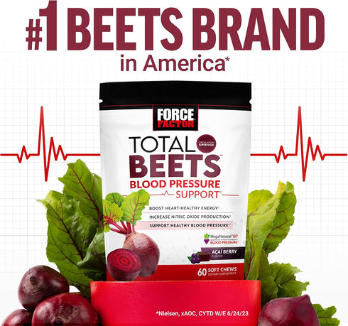 Force Factor Total Beets Blood Pressure Support Supplements, Great-Tasting Beet Powder Chewables, 60 Chews