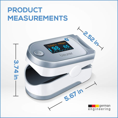 Beurer Bluetooth Digital Fingertip Pulse Oximeter, Blood Oxygen Saturation & Pulse Rate Monitor with Accessories, 1