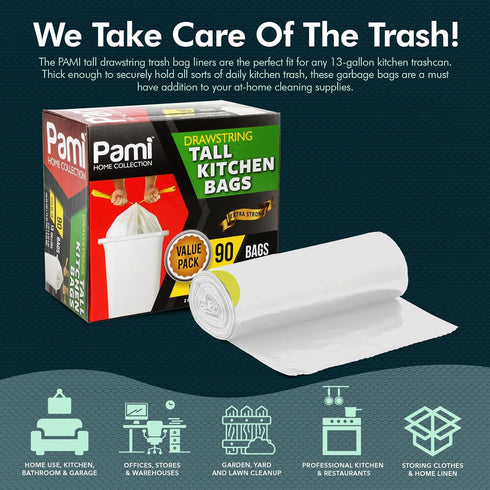 PAMI Tall 13-Gallon Kitchen Drawstring Trash Bags, 90-Pack, White, Extra-Strong Plastic Garbage Bags for Kitchen