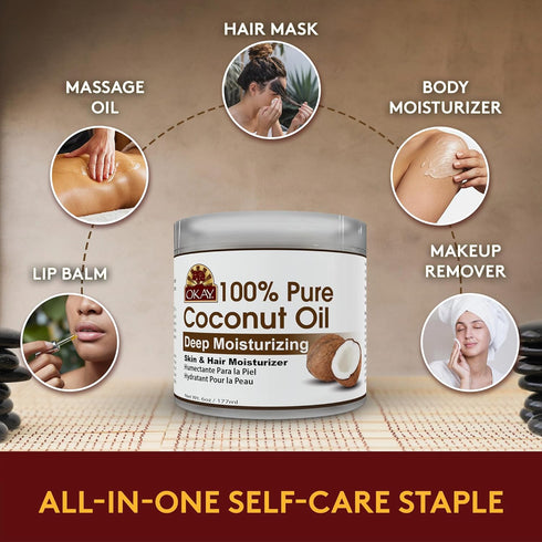 Okay 100% Pure Coconut Oil for Hair & Skin, Natural Massage Oil & Moisturizer, 6 fl oz Jar (Pack of 1)
