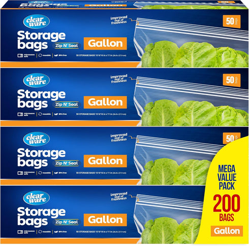 Double Zipper Storage Bags, Gallon Size - 200 Count, Reusable Thick Food Plastic Bags for Lunch and Snacks