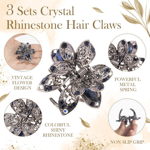 ISKYBOB Set of 3 Vintage Metal Jaw Clips, Rhinestone Hair Claw Clip Accessories for Women