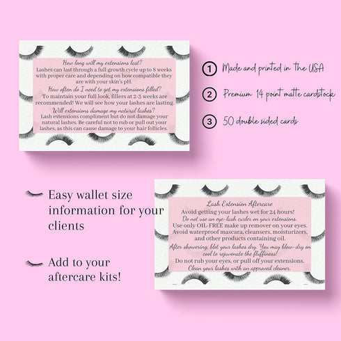 Lash Extension Aftercare Cards, 50 Pack, Eyelash Extension Supplies, Pink Design, Size 3.5 x 2" inches
