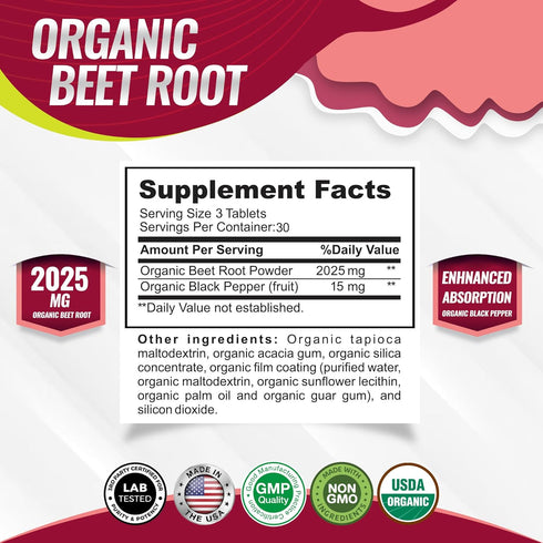 Organic Beet Root Powder Tablets, 2040mg Natural Nitric Oxide Beets, Energy Support, 90 Tablets
