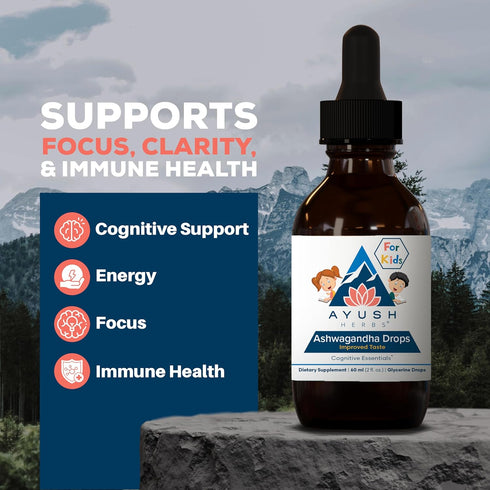 Ayush Herbs Ashwagandha Drops - Alcohol-Free Calming Daily Supplement for Kids & Adults, Organic Lemon Flavor - 2 Fl Oz