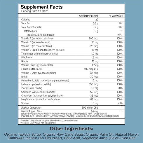 Men's Multivitamin Chews, Immune & Energy Support, Vitamin A, B12, C, D3, E, Folic Acid, Probiotics, Saw Palmetto, Zinc, Adult Chewable Vitamin, Individually Wrapped Chews, 30-Day Supply (1)