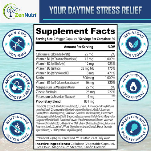 Calm Prime Stress Relief Supplement Non-Drowsy | Mood Support | Vegan Daytime Stress Vitamins - 60 Count