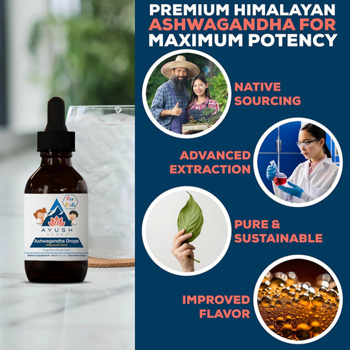 Ayush Herbs Ashwagandha Drops - Alcohol-Free Calming Daily Supplement for Kids & Adults, Organic Lemon Flavor - 2 Fl Oz