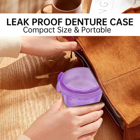 Leakproof Denture Case, Purple Denture Soaking Cup, False Teeth Container, Dental Bath Holder Storage Box for Traveling