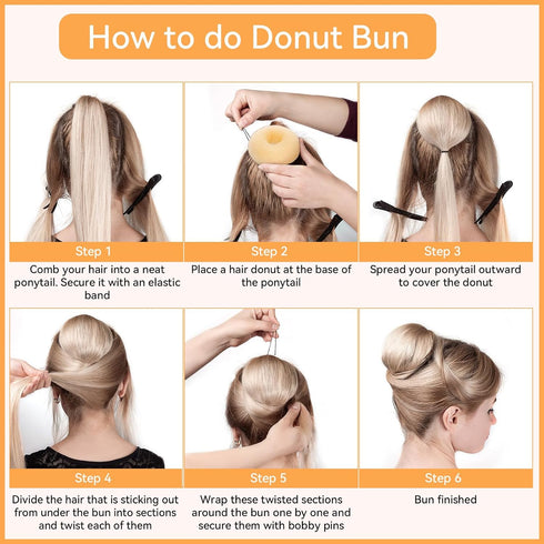 YaFex Hair Bun Maker Set, 3 Pieces (Small, Medium, Large), 6 Hair Elastics, 1 Bag Hairpins, Blonde