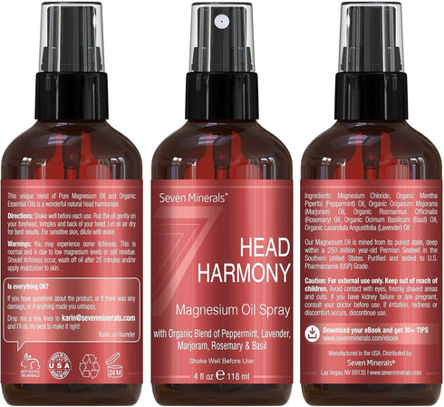 Seven Minerals Head Harmony Spray, Powerful Magnesium Oil Blend with Essential Oils for Relief - Made in USA - Free