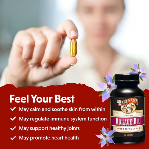 Barlean's Borage Oil Supplements, Cold Pressed Pure Borage Seed Oil Softgels, 1000 mg GLA Fatty Acids, 60 Count