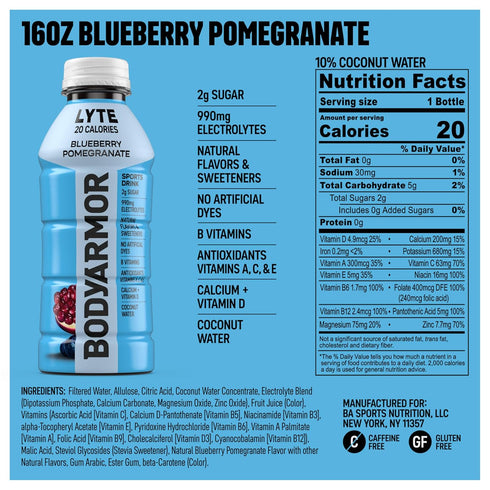 Potassium-Packed Athletes,16 Oz BODYARMOR LYTE Sports Drink Low-Calorie Sports Beverage, Blueberry Pomegranate, Natural