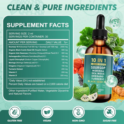 Royavita Immune 2 Oz Soursop Bitters Liquid Drops, Bitter Herbs with Soursop Extract, Ashwagandha, Sea Moss & Black