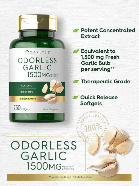 Carlyle Odorless Garlic Softgels 1500mg - 250 Count, Non-GMO, Gluten Free Extract Supplement