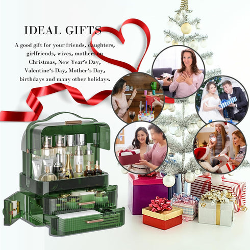 LINFIDITE Large Makeup Organizer Box, Transparent Lid, Portable Handle, Waterproof Dustproof Skincare Display Case