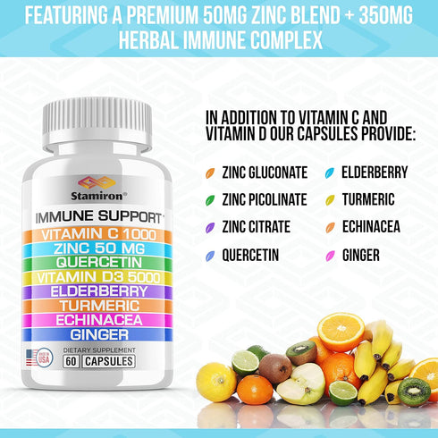 8 in 1 Immune Support with Quercetin, Zinc 50mg, Vitamin C 1000mg, Vitamin D3 5000 IU & Elderberry for Adults