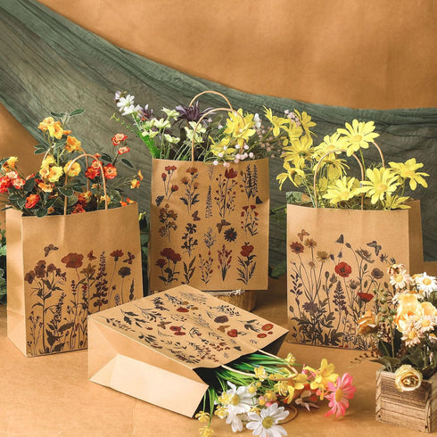 Kolldenn 24 8 3.9 9 6 Pcs Vintage Floral Wildflower Gift Bags Flower Kraft Paper Printed Candy Goodie Bags with Handles