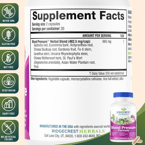 RidgeCrest Herbals Blood Pressure Herbal Formula, 12 Herbs for Heart Health, 60 Count