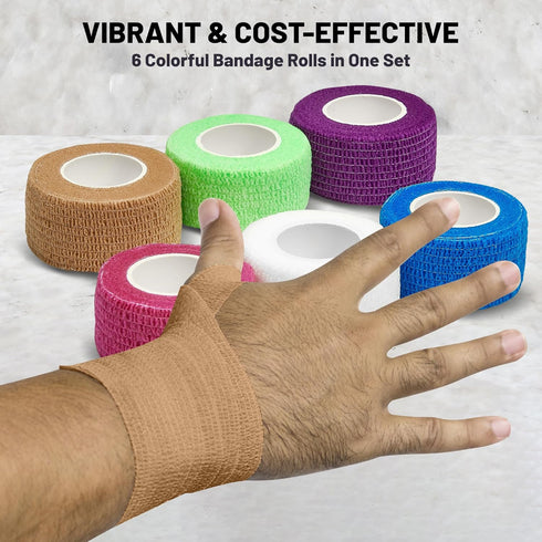 Self Adherent Cohesive Wrap Bandages, Pack of 6 Rolls 1 Inch X 5 Yards for First Aid Tape in Rainbow Color