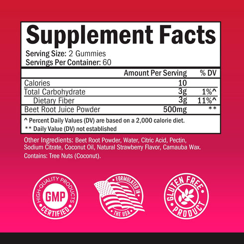 Sugar Free Beet Root Gummies, Nitric Oxide Chews with Coconut Oil, Supports Energy & Health, 120 Count Strawberry