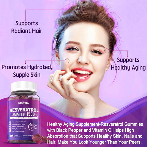 Resveratrol Gummies 1500mg - Sugar Free Supplement with Quercetin, Grape Seed, Acai Berries Extracts for Antioxidant,