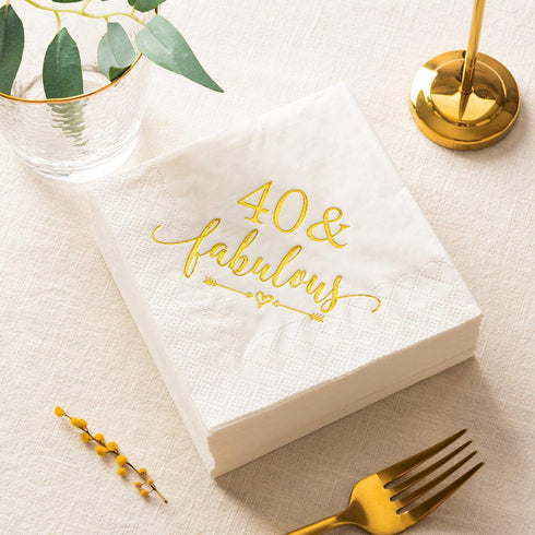 Crisky 40 and Fabulous Cocktail Napkins Gold for Women, 40th Birthday Decorations, 50Pcs, 3-Ply Supplies