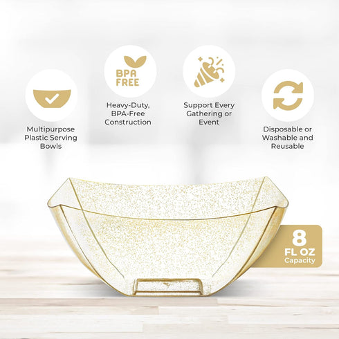 Posh Setting Small Square Plastic Serving Bowls, 4 Pack Gold Glitter Disposable Candy, Snack, Salad, Chips Bowl, Heavy