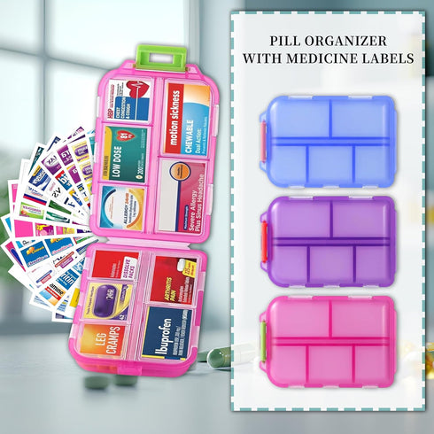 iouwei 7-Day Set 3 Pill Organizer with Medicine Labels, Travel Daily Pill Container, Mini Medication Organizer, Pill