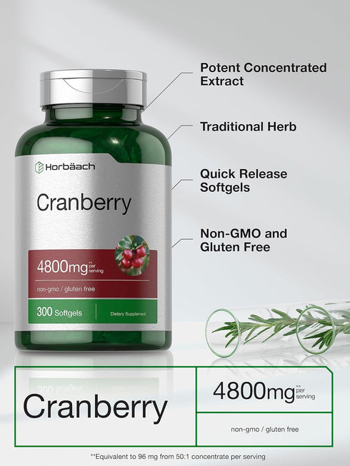 Horbaeach Cranberry Pills 4800mg, 300 Softgels, Non-GMO Gluten Free Supplement from Concentrate Extract
