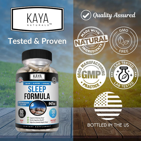 Kaya Naturals Sleep Support Formula with Melatonin - 60 Capsules - Aid Support Vitamin Supplement for Sleep, Stress,