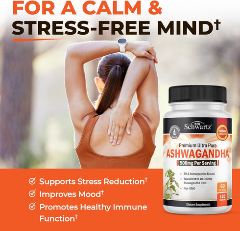 Ashwagandha Supplements - Extra Strength Ashwagandha Capsules with 500mg 20 to 1 Root Extract Equivalent to 10,000mg Ashwaganda Powder - Stress Relief Supplement - Vegan Safe, Non-GMO, 60 Servings